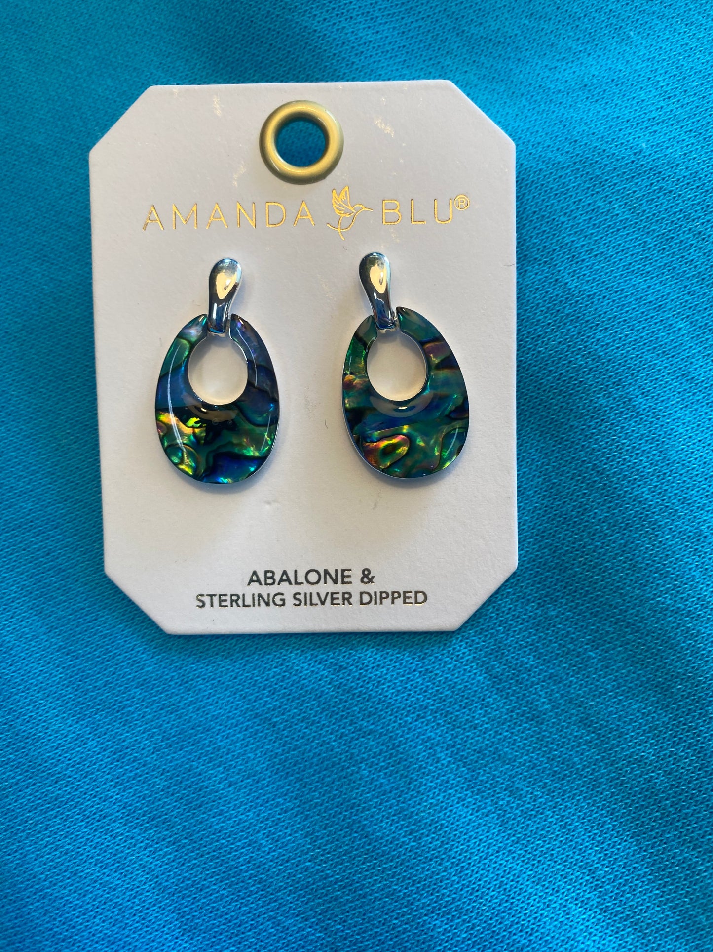 SILVER ABALONE BLUE OVAL LARGE DROP EARRING-6122