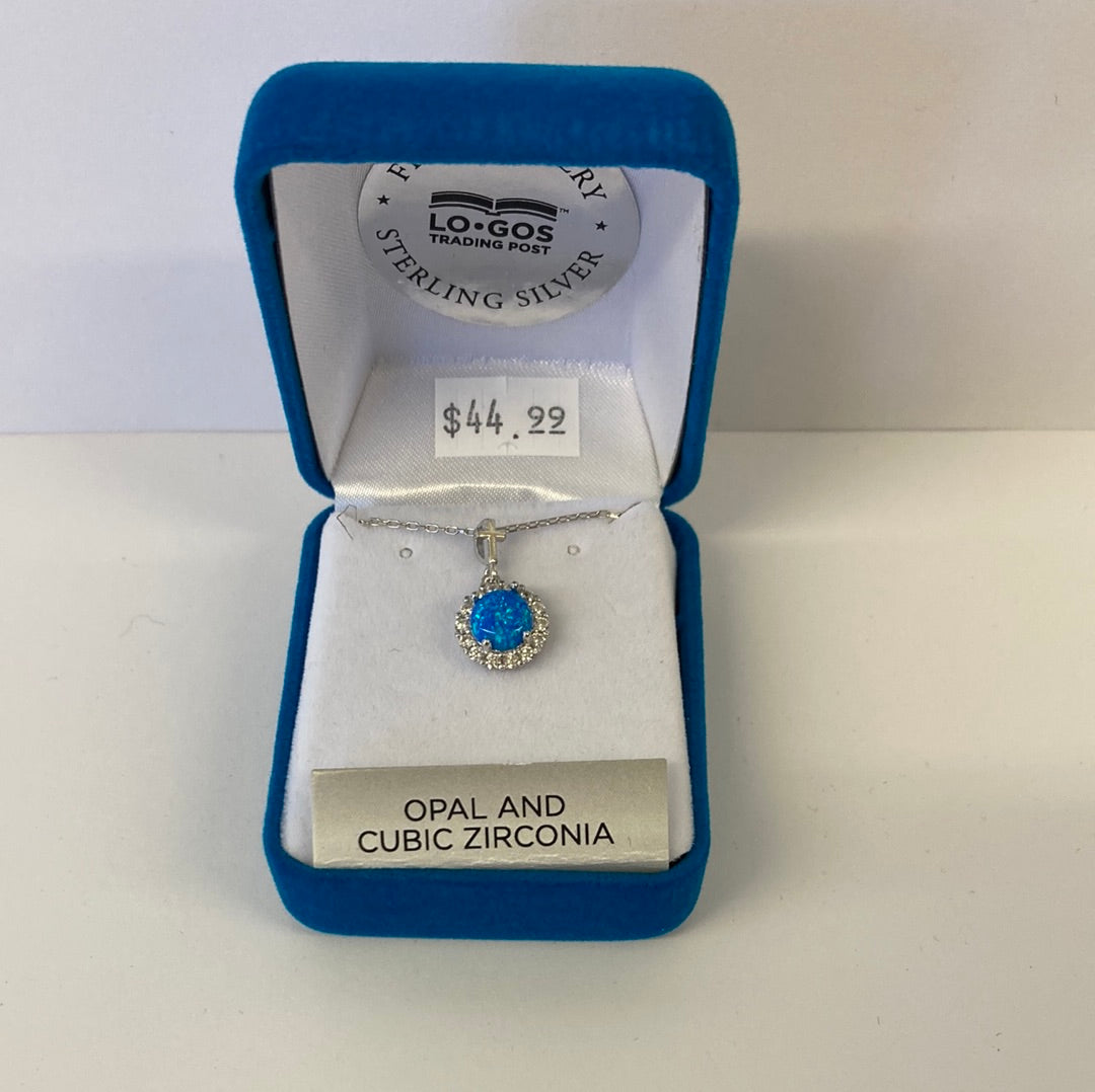 BLUE OPAL AND CZ ACCENTS STERLING SILVER NECKLACE