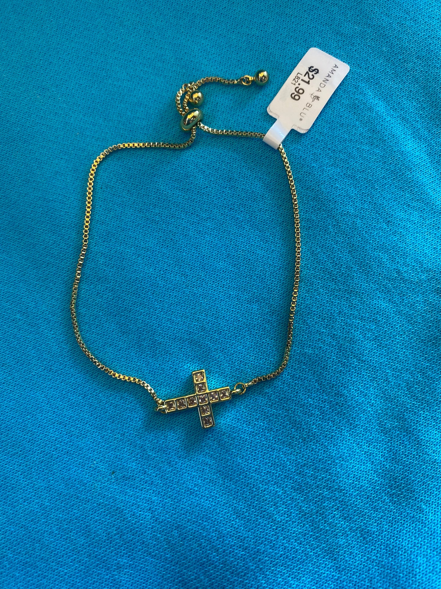 GOLD CZ FRAMED CROSS PULL CORD BRACELET-1836