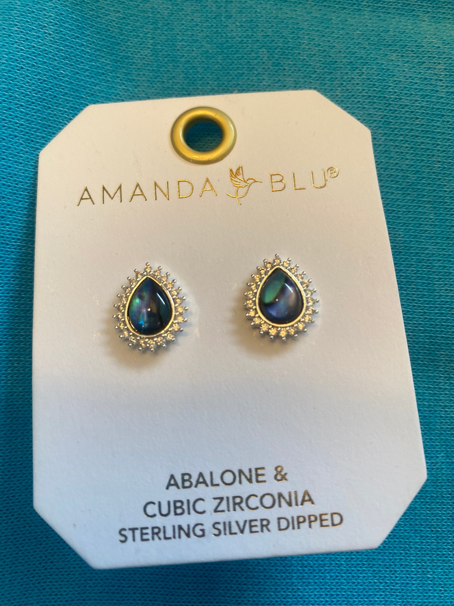 SILVER ABALONE & CZ BLUE PEAR SMALL EARRINGS-6337
