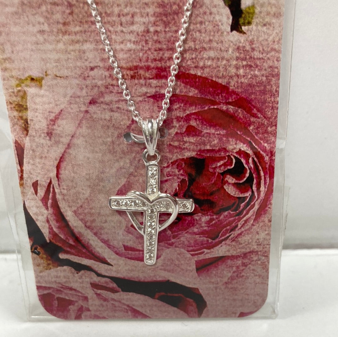DRAPED HEART CZ CROSS SP NKL-7445 : 18 IN