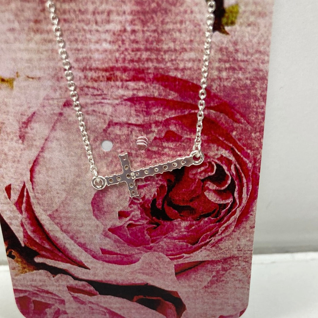 CZ SIDEWAYS CROSS SP NECKLACE-7551 : 18 IN
