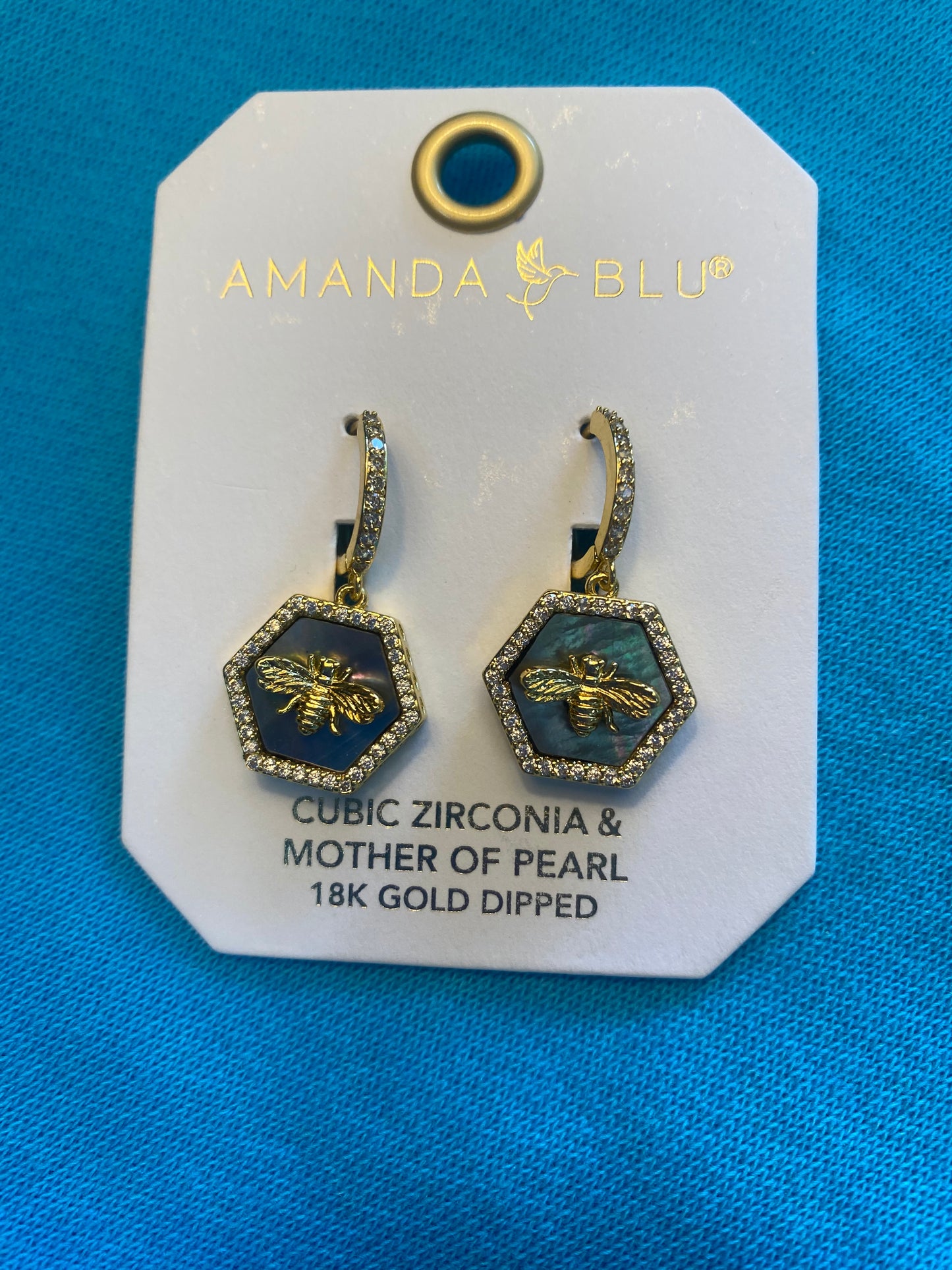 HEXAGON GRAY MOTHER OF PEARL & CZ WITH BEE EARRINGS GOLD-0465