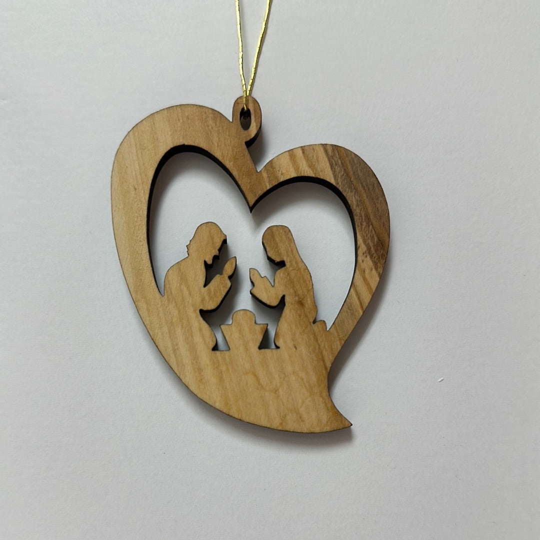 HL OLIVE WOOD NATIVITY HRT ORN-0162
