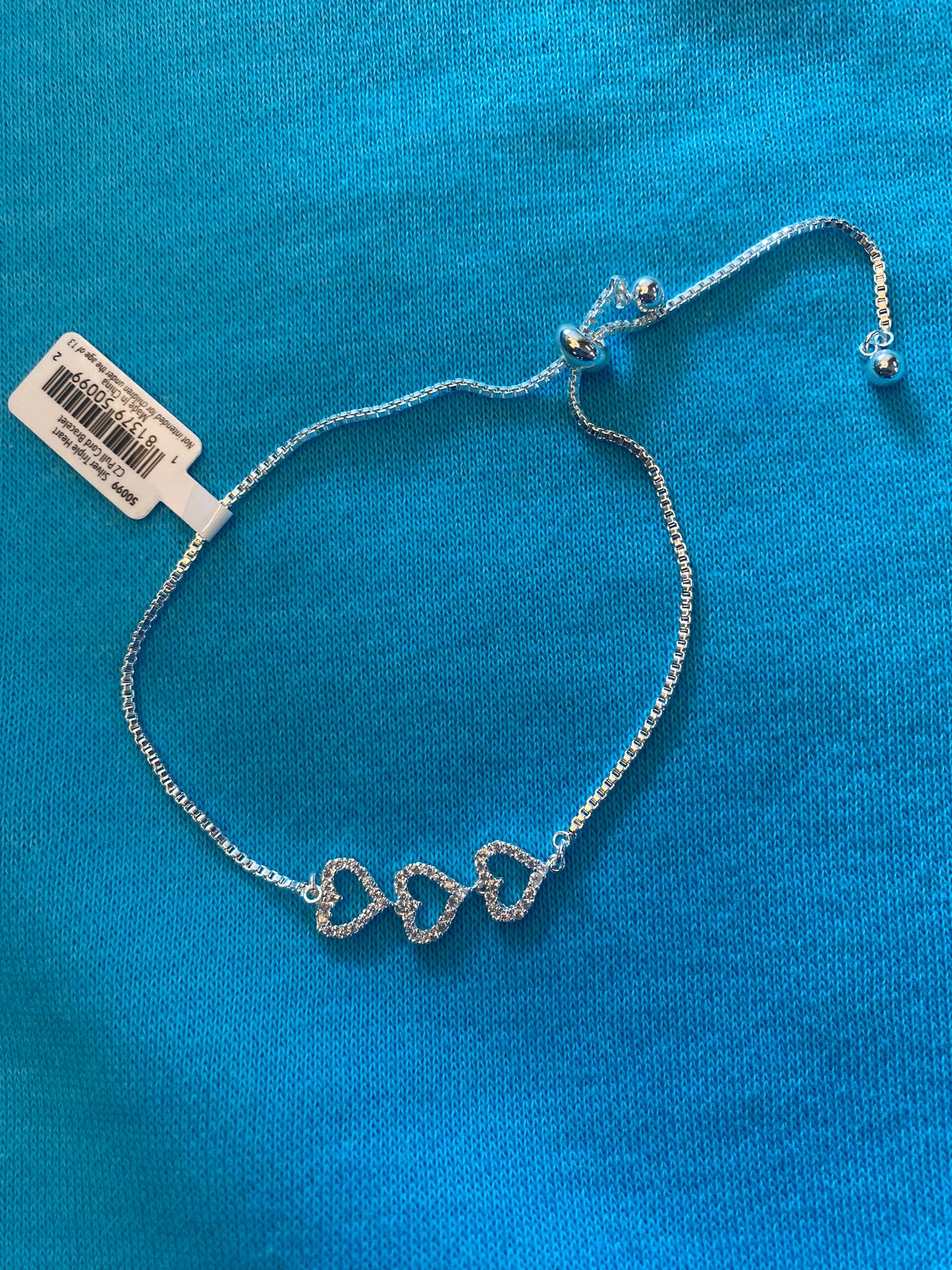 TRIPLE HEART CZ PULL CORD SILVER BRACELET-0992