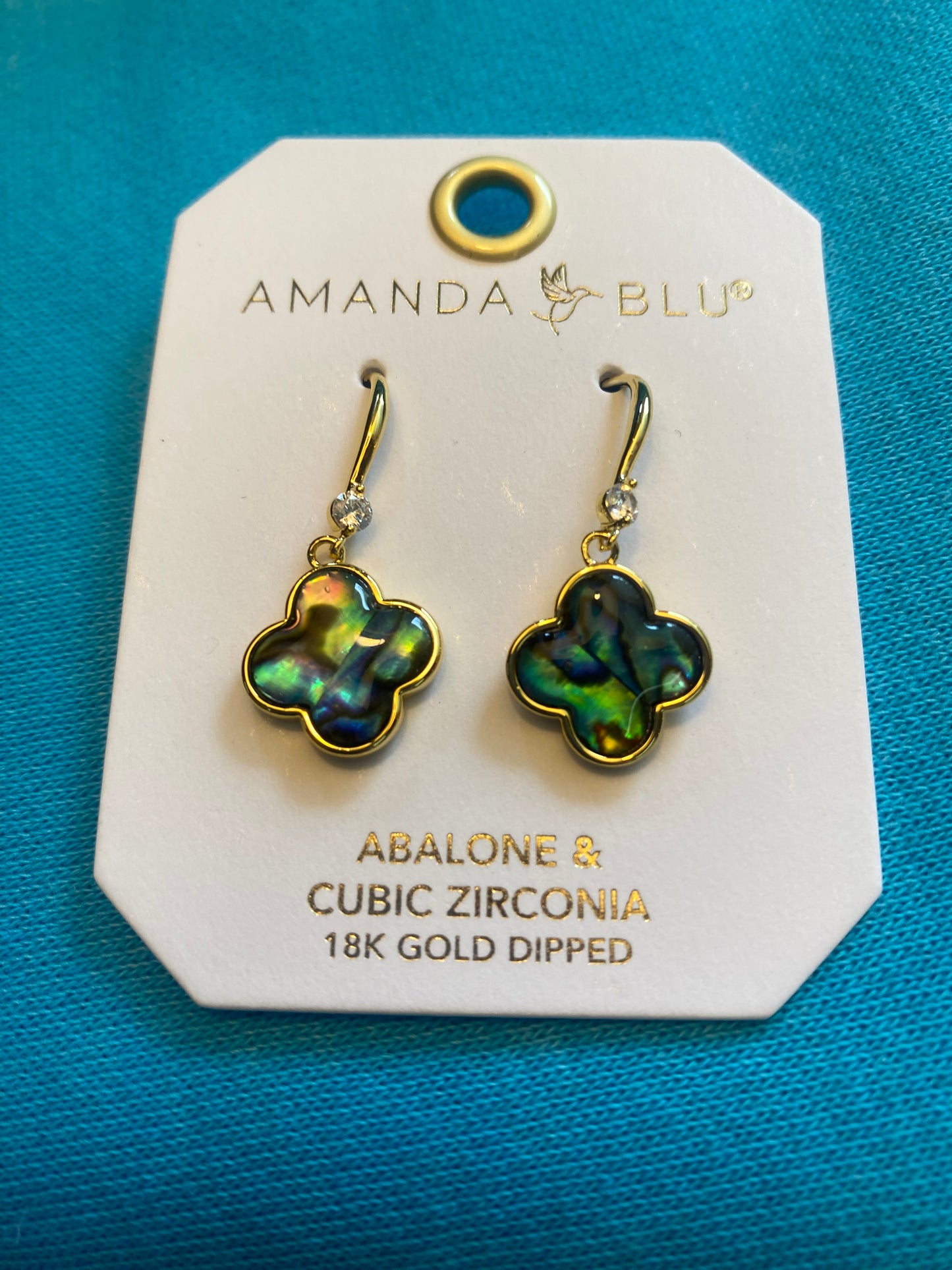 GOLD ABALONE BLUE CLOVER DROP EARRINGS-6467