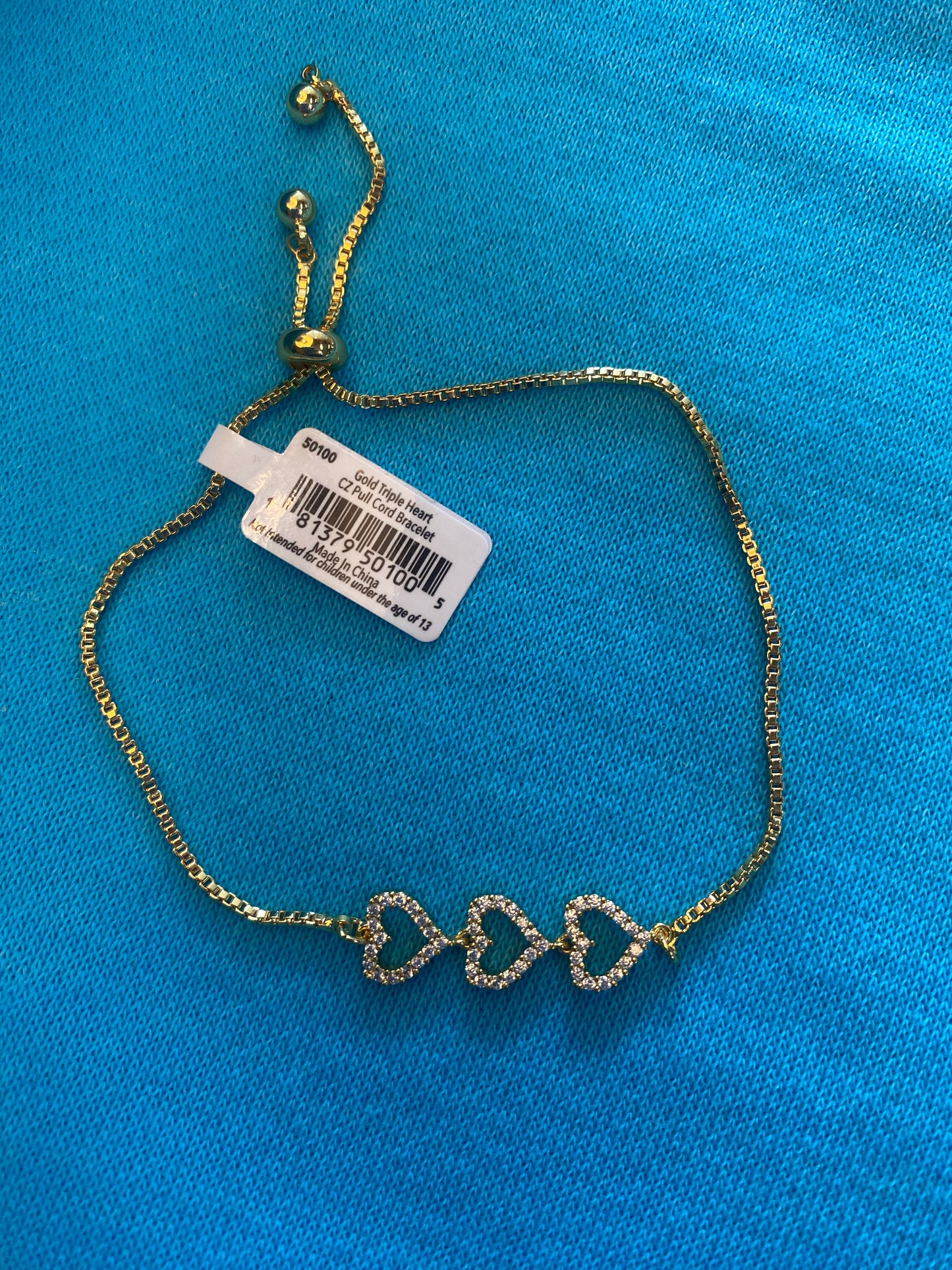 GOLD TRIPLE HEART CZ PULL CORD BRACELET-1005