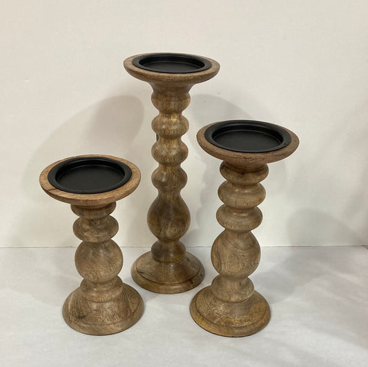 WOOD PILLAR CANDLE HOLDERS S/3-2892