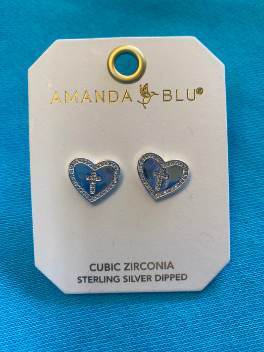 SILVER CROSS HEART STUD EARRINGS-2651