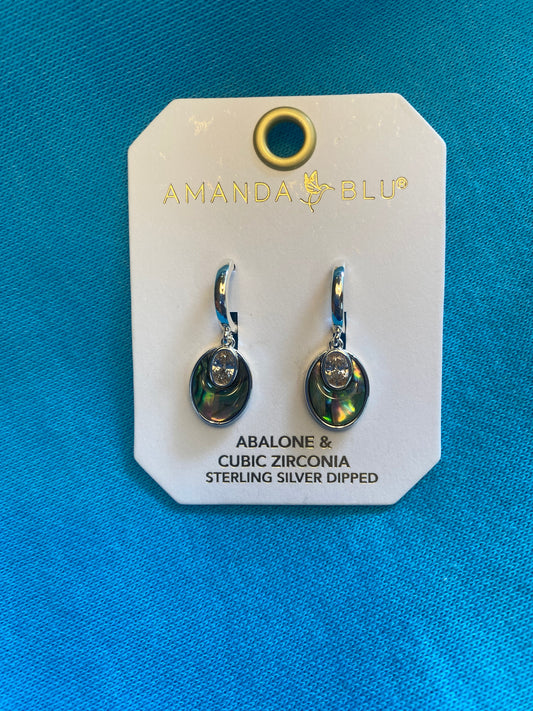 SILVER ABALONE & CZ BLUE OVAL SMALL DROP EARRINGS-6139