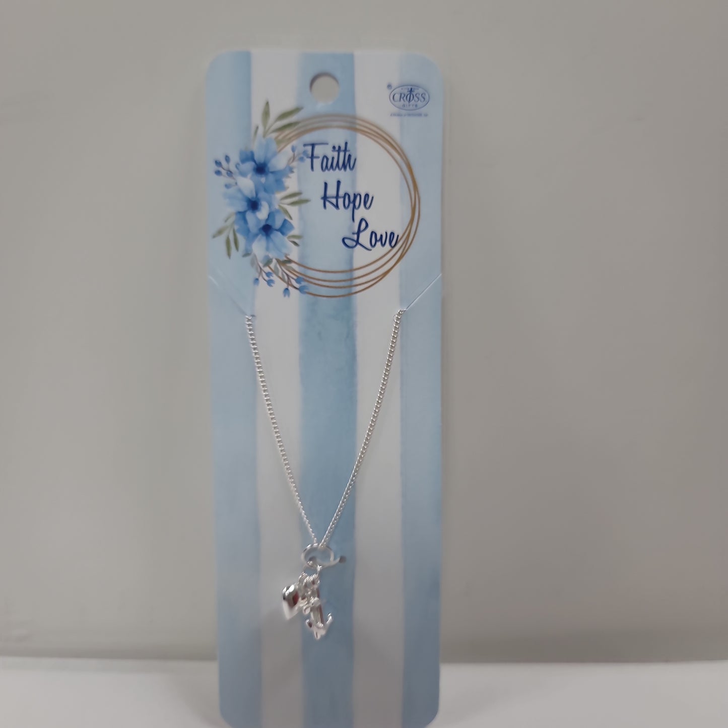 FAITH HOPE LOVE CROSS/HEART/ANCHOR SILVER PLATED NECKLACE 18 IN-1008