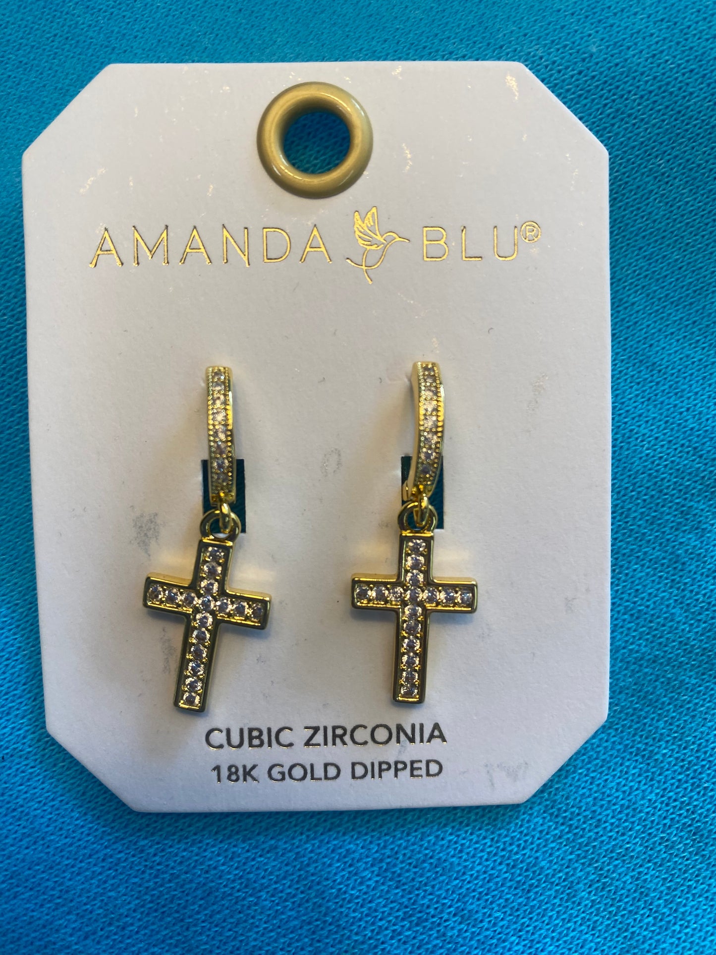 GOLD CZ HOOP FRAMED CROSS DROP EARRINGS-1461