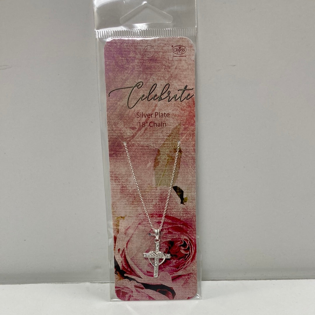 DRAPED HEART CZ CROSS SP NKL-7445 : 18 IN