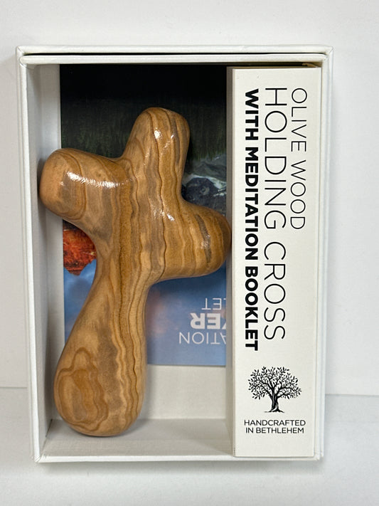 OLIVE WOOD HOLDING CROSS W/MEDITATION BOOKLET-5062