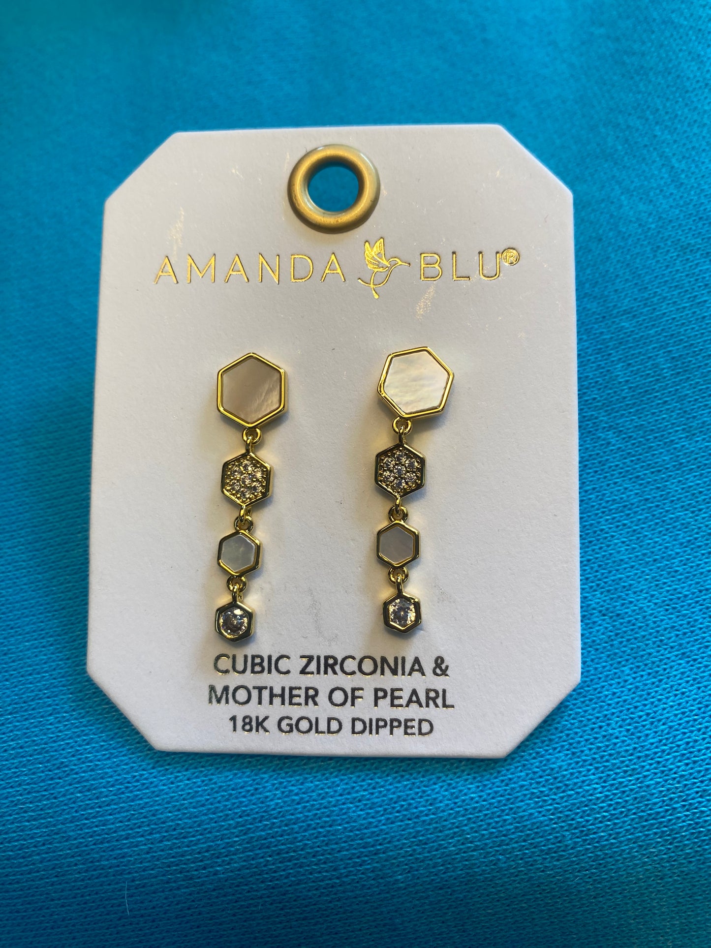 MOTHER OF PEARL & CZ HEXAGON DROP EARRINGS GOLD-0328