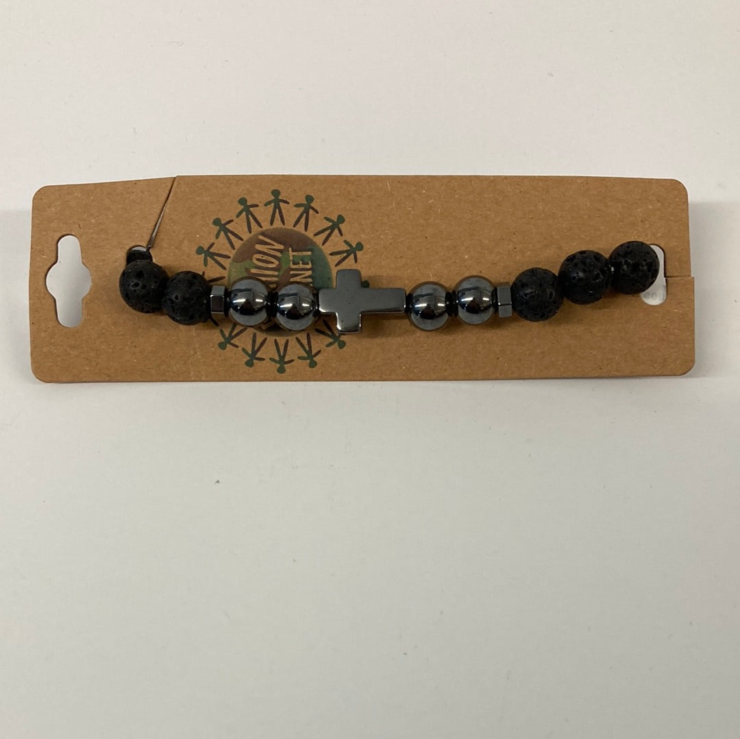 LAVA ROCK WITH HEMATITE CROSS STRETCH BRACELET