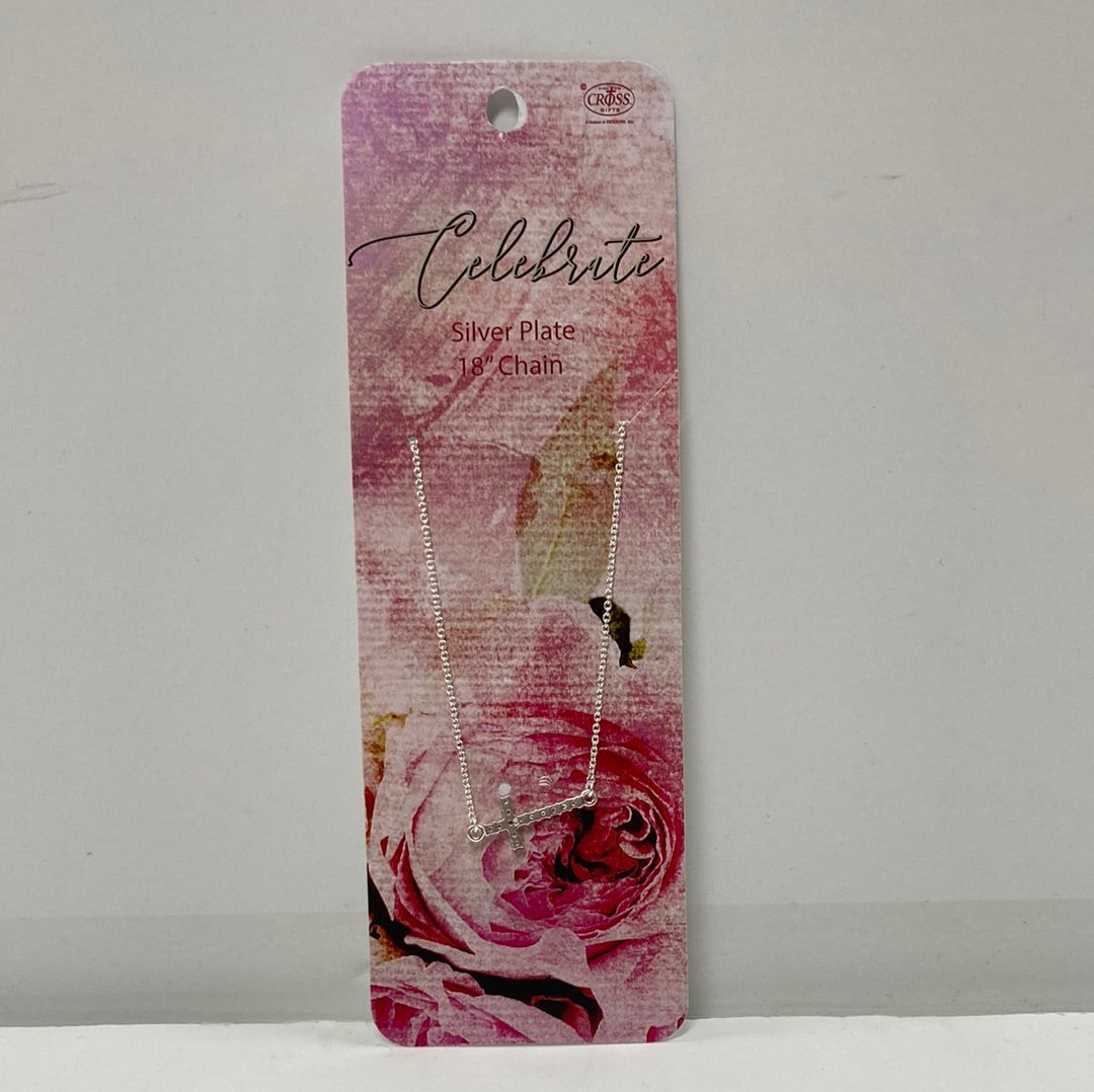 CZ SIDEWAYS CROSS SP NECKLACE-7551 : 18 IN