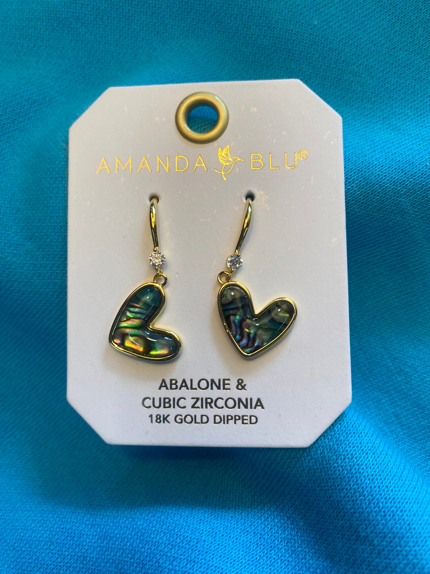 GOLD ABALONE BLUE HEART DROP EARRINGS-6405