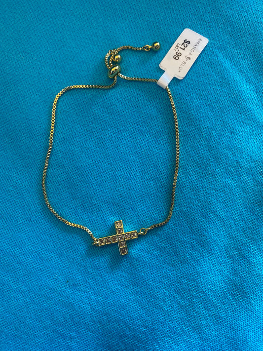 GOLD CZ FRAMED CROSS PULL CORD BRACELET-1836