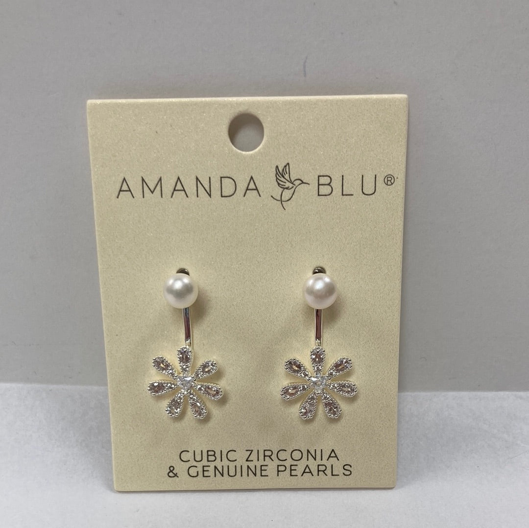 SILVER PEARL W/DROP FLOWER EARR-6332