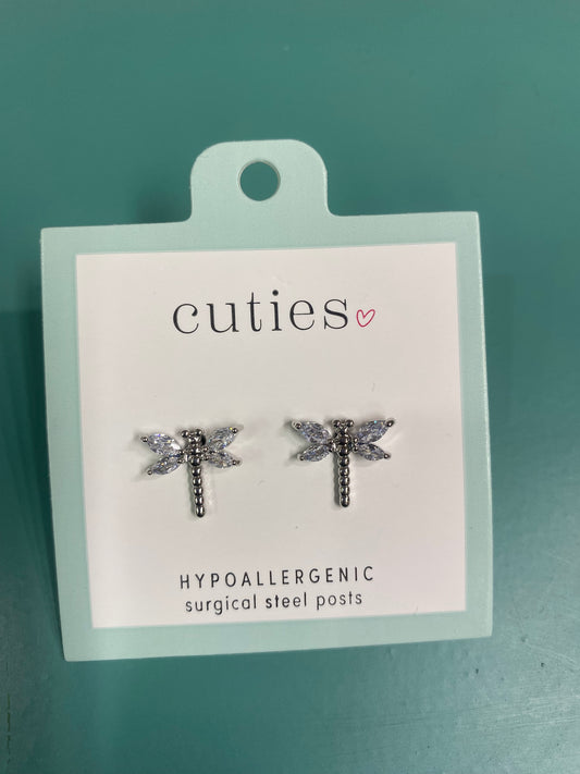 SILVER DRAGONFLY W/CLEAR CRYSTALS EARRINGS-0703