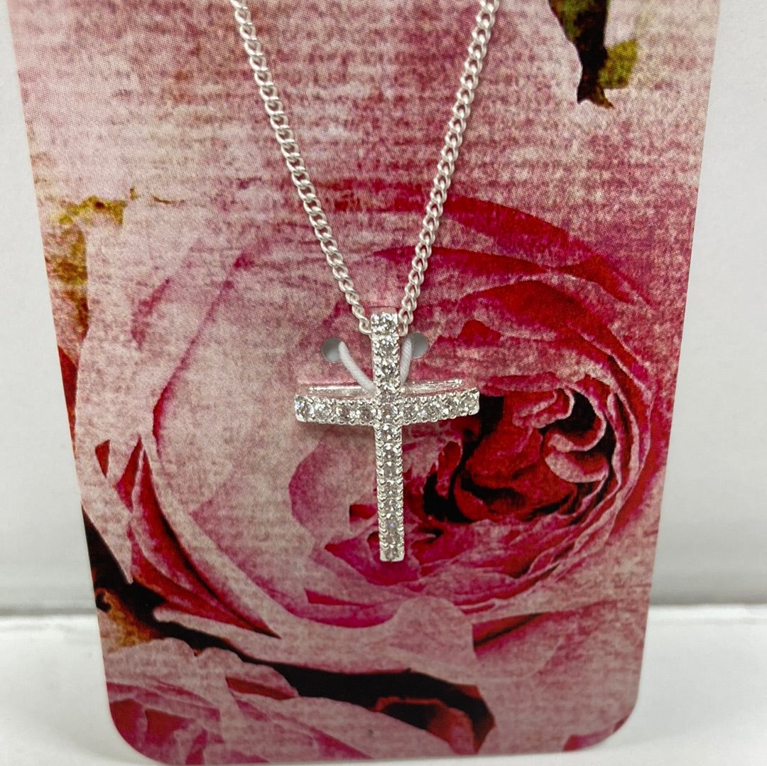 OPEN BOW CZ CROSS SP NECKLACE-7377 : 18 IN