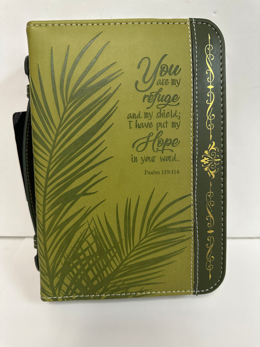 YOU ARE MY REFUGE GREEN/GOLD PALM FROND MEDIUM BIBLE COVER-4197