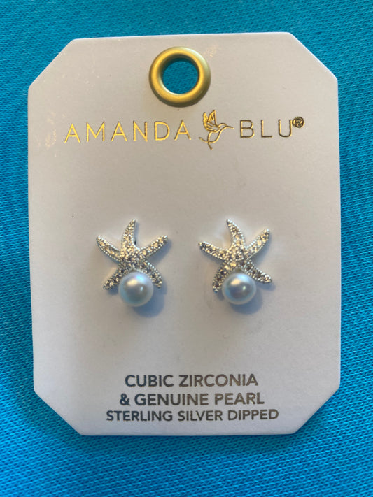 SILVER CZ STARFISH AND PEARL STUD EARRINGS-0304