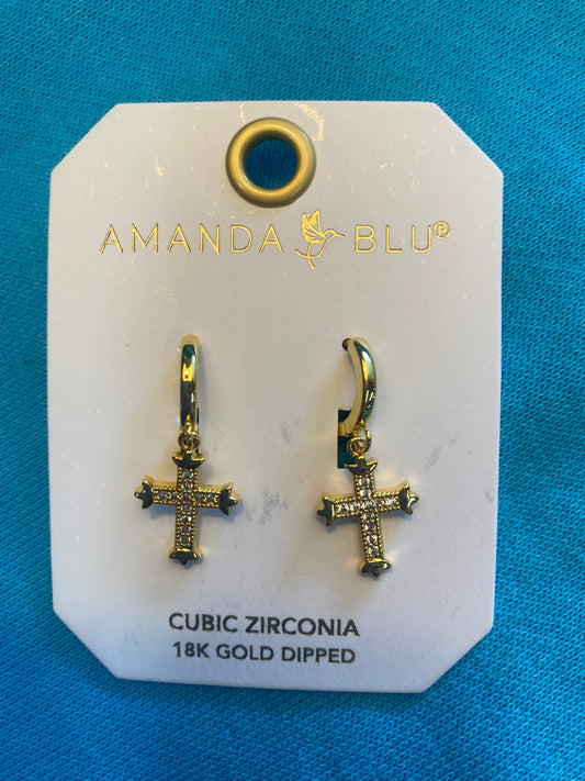 GOLD CZ HOOP SMALL VINTAGE CROSS EARRINGS-1379