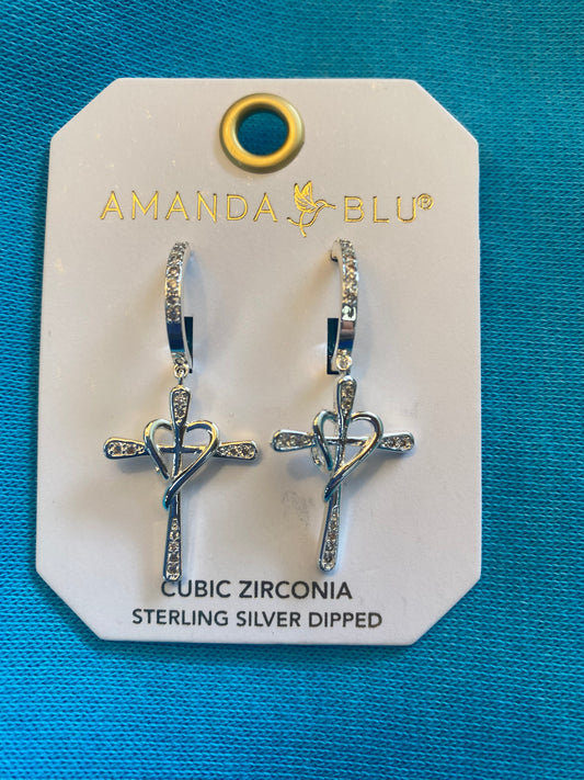 PAVE CROSS HEART EARRINGS W/PAVE LEVER BACK SILVER-3252