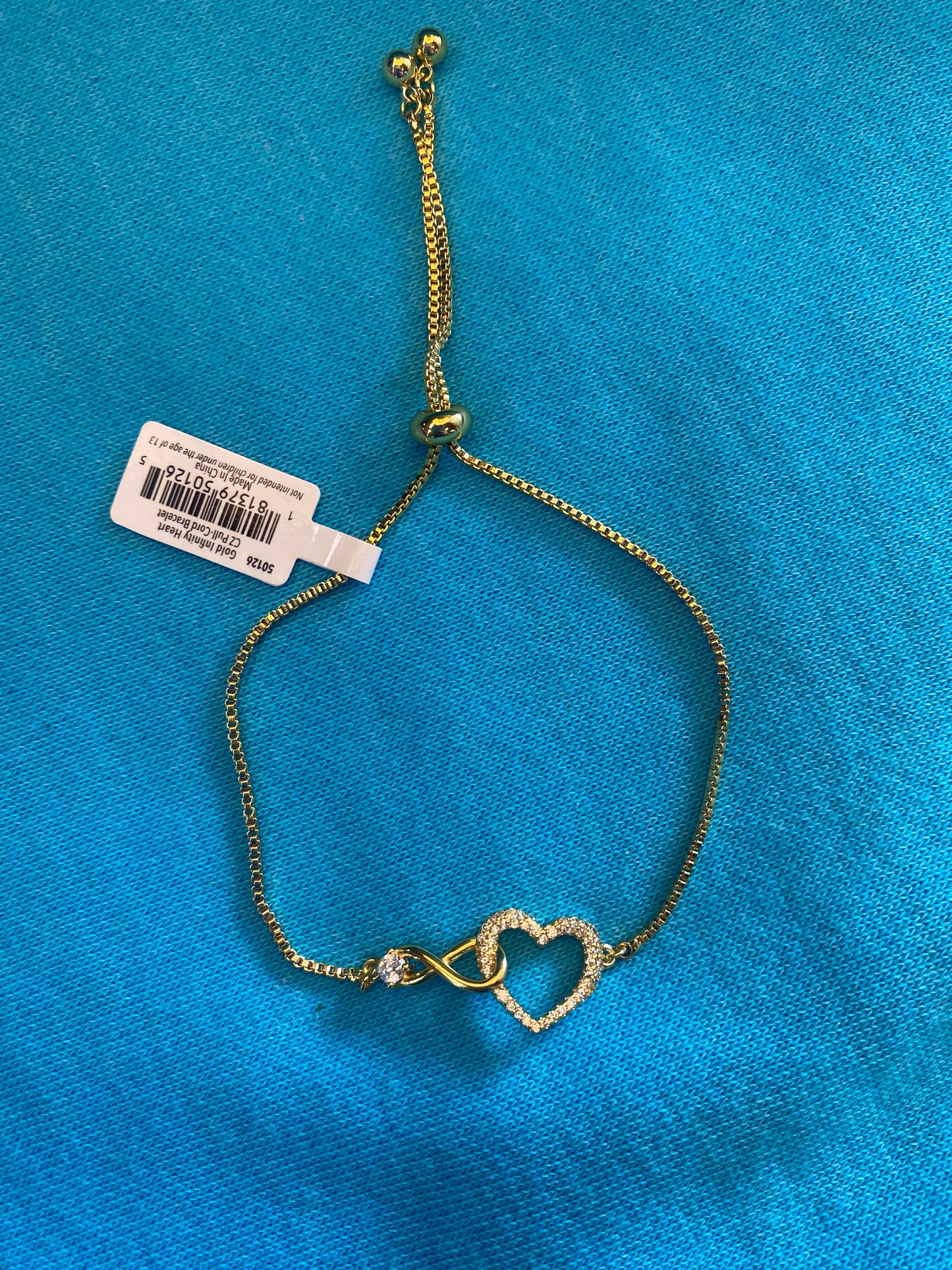 GOLD INFINITY HEART CZ PULL CORD BRACELET-1265