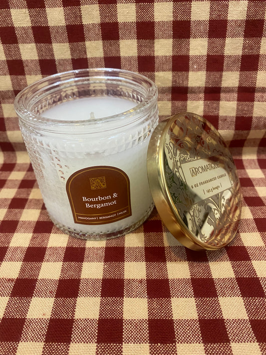 BOURBON & BERGAMOT TEXTURED GLASS 6 OZ CANDLE W/METAL LID-2262