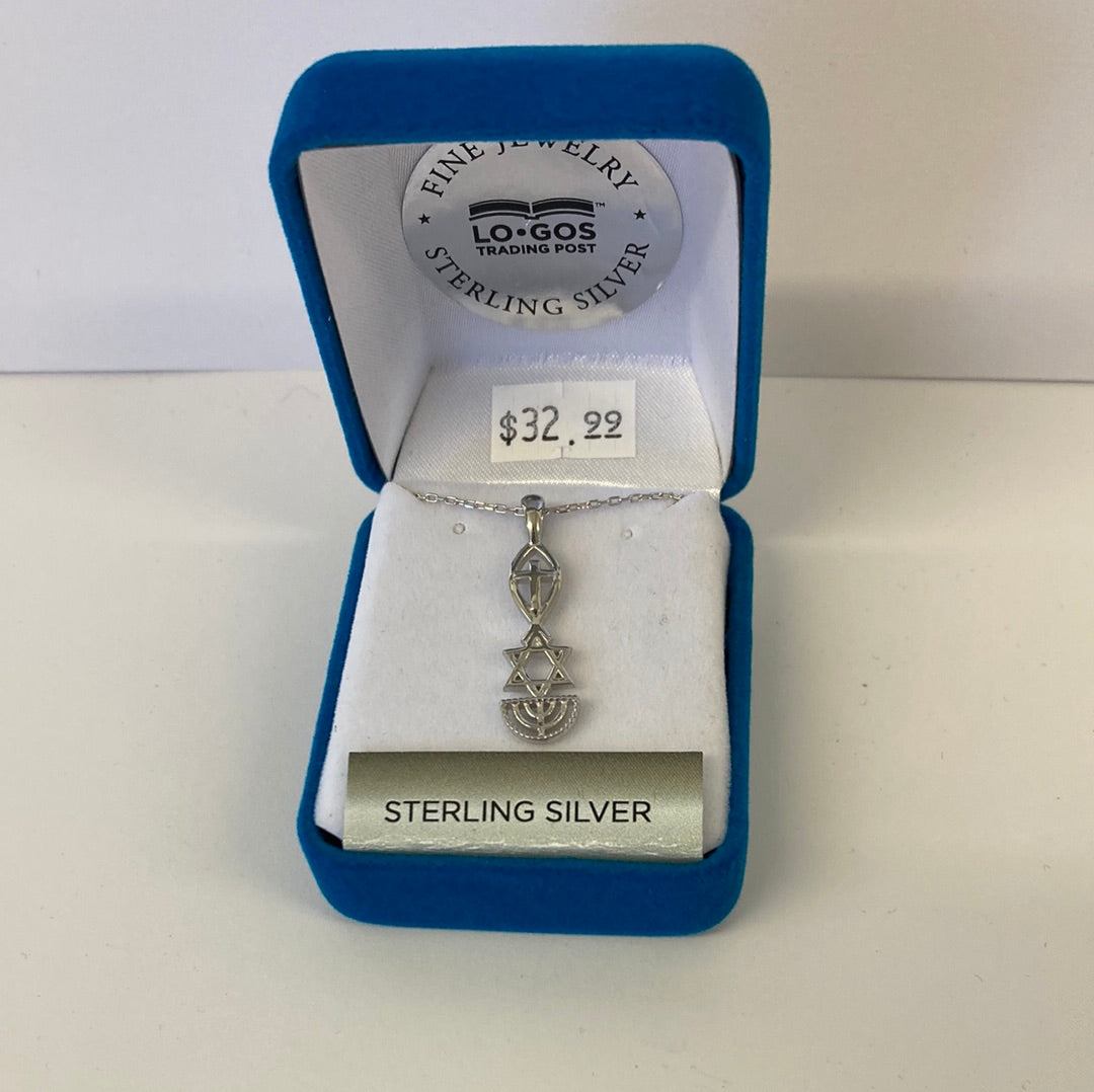MESSIANIC/JESUS FISH/STAR OF DAVID/MENORAH STERLING SILVER NECKLACE