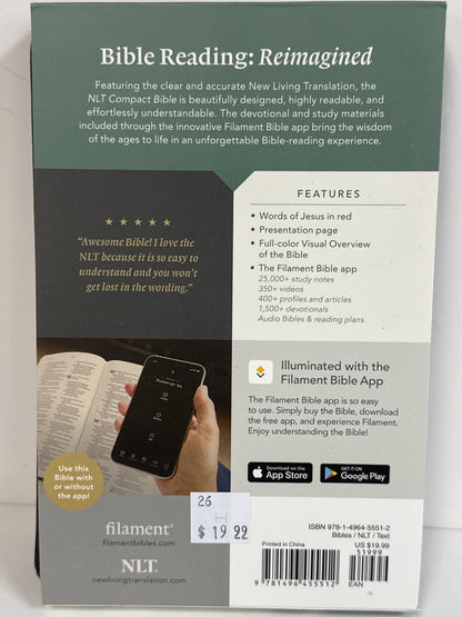 NLT COMPACT FILAMENT BIBLE CHARCOAL PATCH-5512