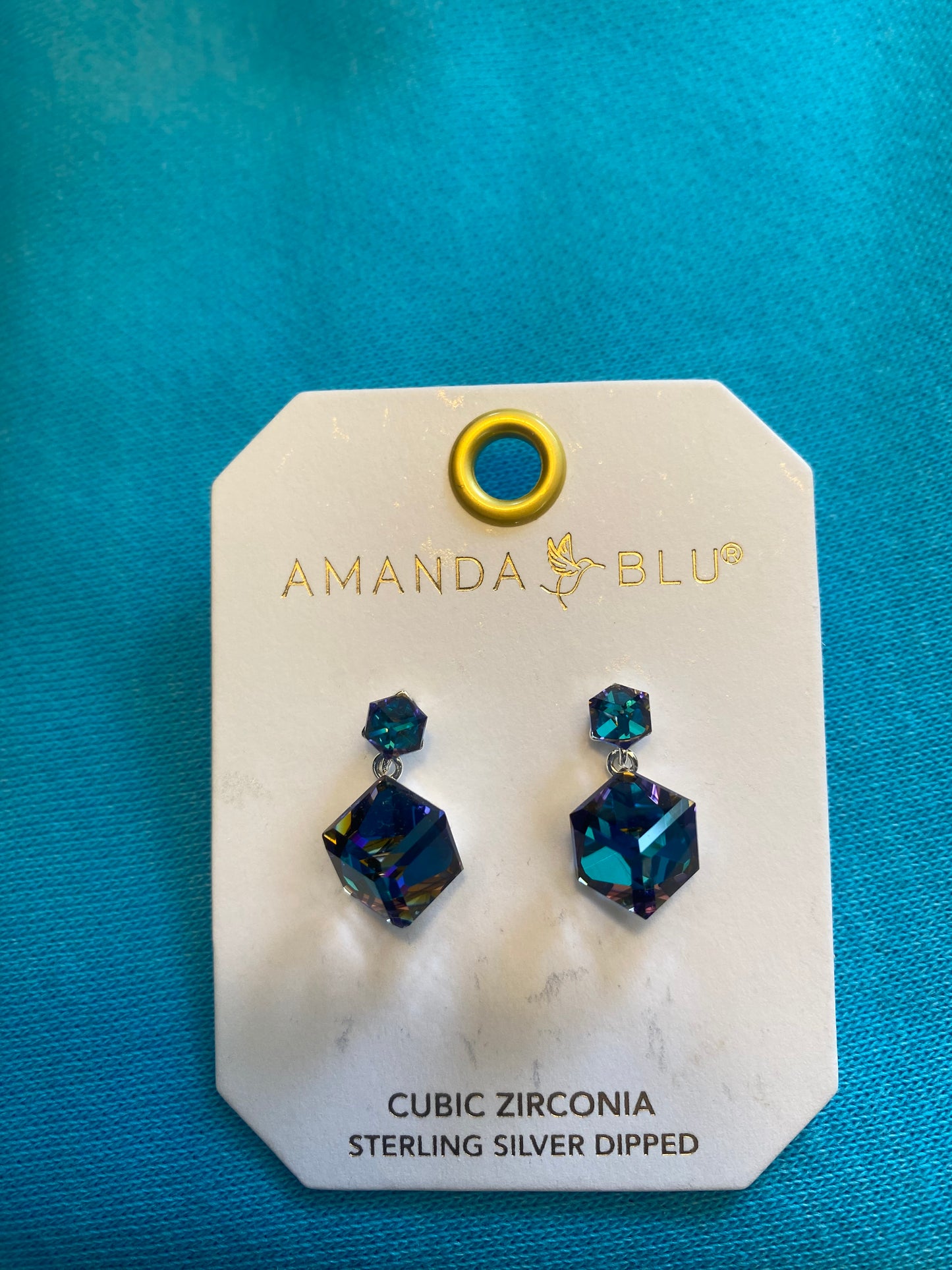 SILVER CZ BLUE SQUARE DROP EARRINGS-3175