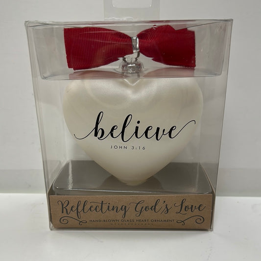 BELIEVE WHITE HEART ORNAMENT-8069