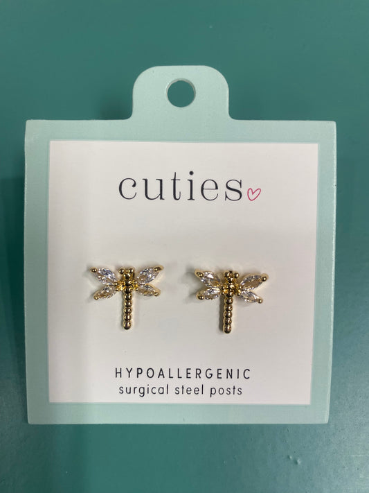 GOLD DRAGONFLY W/CLEAR CRYSTALS EARRINGS-1323