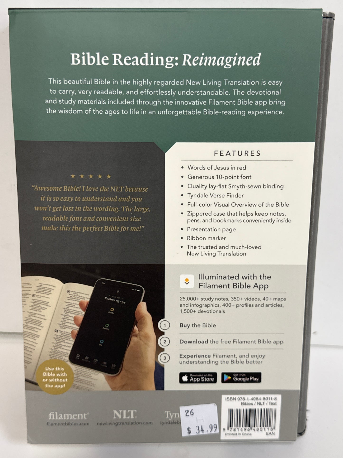 NLT GIANT PRINT COMPACT FILAMENT BIBLE INDEX MAGNOLIA SAGE GREEN-0118