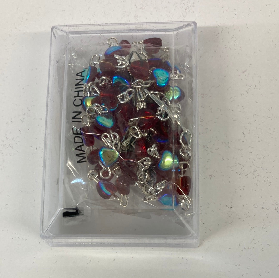 RED GLASS HEART SHAPED ROSARY-4234