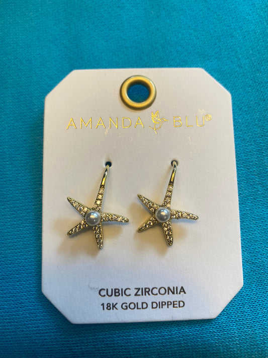 CZ AND CENTER PEARL STARFISH EARRINGS GOLD-0588