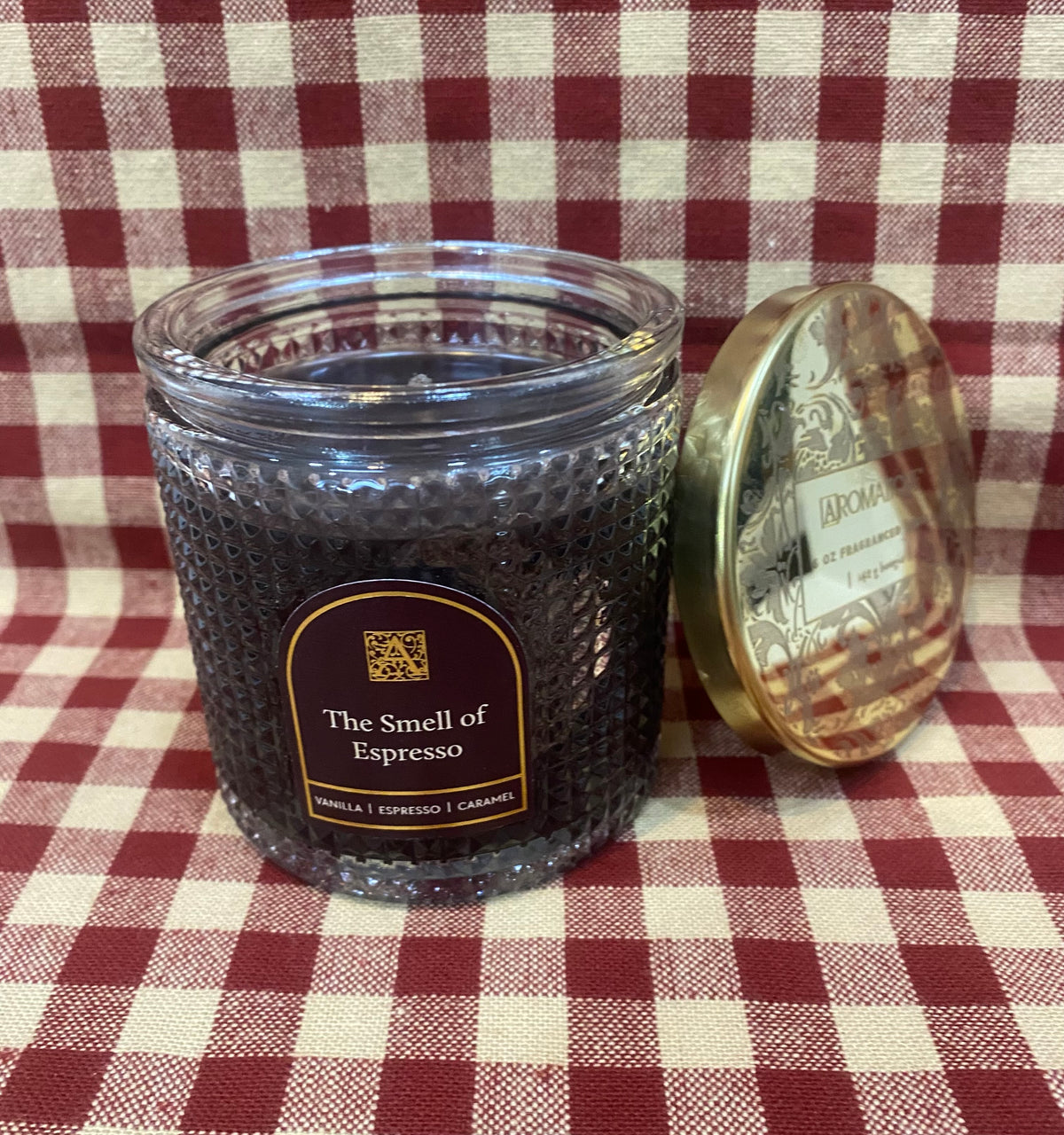 THE SMELL OF ESPRESSO TEXTURED GLASS CANDLE 6 OZ W/METAL LID-2352