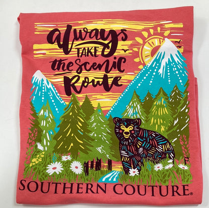 ALWAYS TAKE THE SCENIC ROUTE CORAL SOUTHERN COUTURE TEE LG-2715
